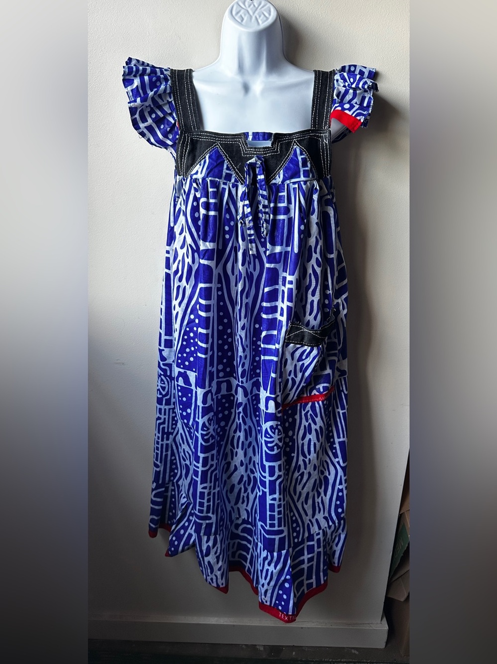 African Ankara Print Maxi Dress Blue White Tie Shoulder Midi Summer Dress S-L